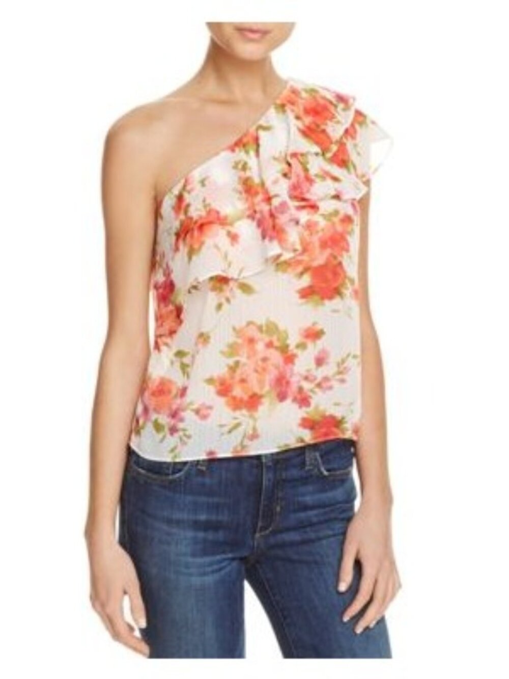 Aqua Womens One-Shoulder Floral Ruffled Top White Pink Size Small